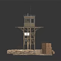 Modern Watchtower Structure With Platform Staircase Sandbag Wall And Wooden Crates