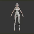 3D Female Character With Silver Hair White Bodysuit Leg Cutouts And Boots On Gray Background