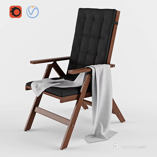 Modern Single Chair With Black Padded Backrest Seat Wooden Frame Armrests And White Blanket 3d model 