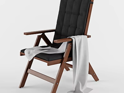 Modern Single Chair With Black Padded Backrest Seat Wooden Frame Armrests And White Blanket 3d model