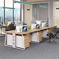 Modern Office Desks With Computers Documents Pencils Green Plants Black Chairs And Large Windows