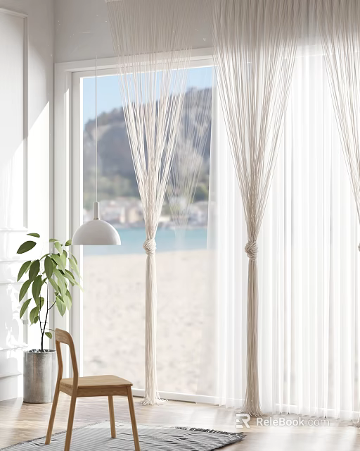 White Sheer Curtains In Seaside Interior With Ocean View And Green Plant 3d model 