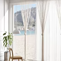White Sheer Curtains In Seaside Interior With Ocean View And Green Plant