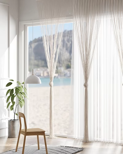 White Sheer Curtains In Seaside Interior With Ocean View And Green Plant 3d model