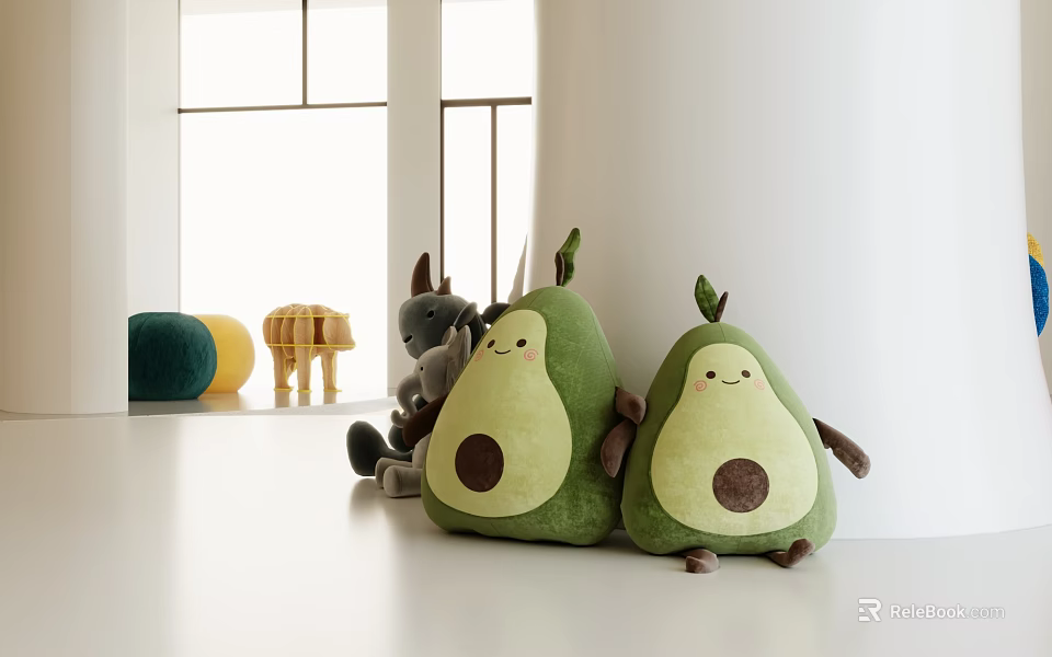 Green Avocado Shaped Plush Toys with Adorable Faces Soft Material Bright Indoor Space 3d model 