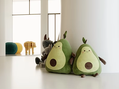 Green Avocado Shaped Plush Toys with Adorable Faces Soft Material Bright Indoor Space 3d model