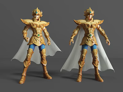 Game Movie Character in Ornate Golden Armor With White Cloak Blue Pants Green Gemstone Chest 3d model