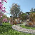 Park Landscape With Pink Flowering Trees Green Grass Stone Pathway And Wooden Pavilions