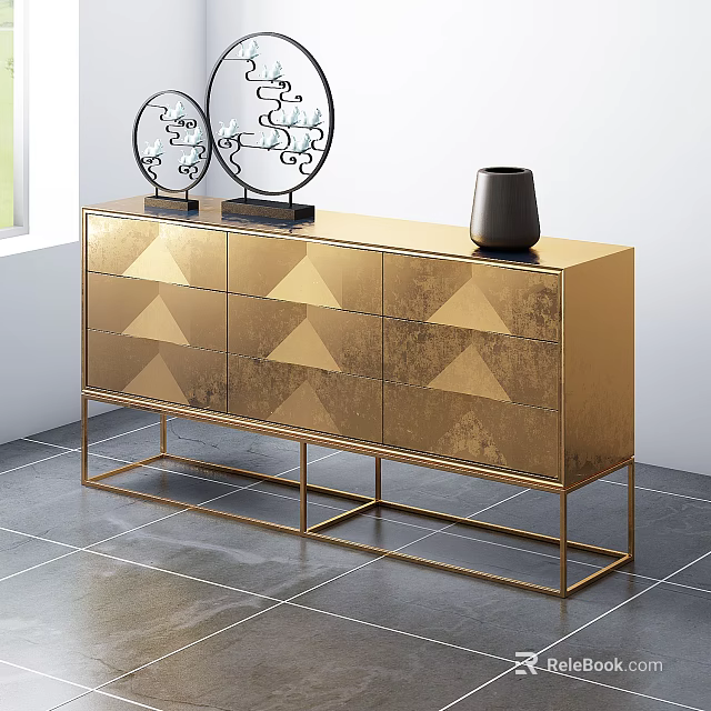 Modern Golden Console Side Cabinet With Geometric Patterns Metal Frame And Decorative Items 3d model 