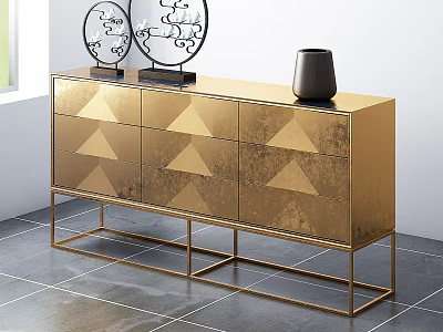 Modern Golden Console Side Cabinet With Geometric Patterns Metal Frame And Decorative Items 3d model