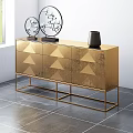 Modern Golden Console Side Cabinet With Geometric Patterns Metal Frame And Decorative Items
