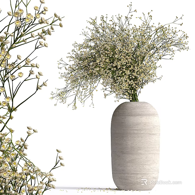 White Textured Vase With Fresh White Small Flowers For Home Interior Decor 3d model 