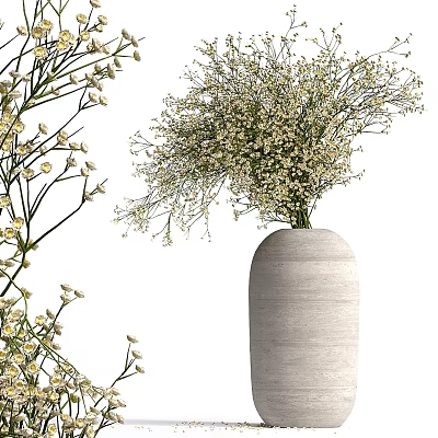 White Textured Vase With Fresh White Small Flowers For Home Interior Decor 3d model