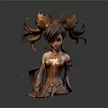 3D Fantasy Game Female Elf Character With Curly Brown Double Ponytails And Golden Bronze Corset