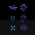 Intricate Abstract Geometric Mechanical Sculpture Carvings With Blue Purple Line Art