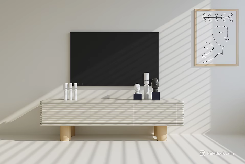 Modern TV Stand With Drawers Golden Legs Decorative Items Sunlight Shadows And Wall Art 3d model 