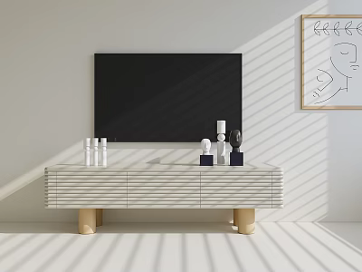 Modern TV Stand With Drawers Golden Legs Decorative Items Sunlight Shadows And Wall Art 3d model