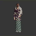 Woman In Traditional Purple Floral Top With Headscarf And Green White Striped Skirt With Reflection
