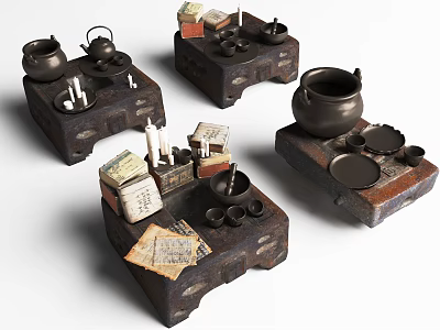 Traditional Decorative Ornament Set With Teapot Teacups Candles Small Boxes And Dark Bases 3d model