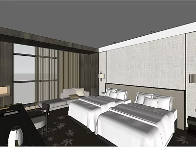 Modern Hotel Room With Twin Beds White Linens Wooden Accents And Seating Area 3d model