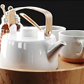 Coffee Table Featuring Wooden Tray With White Teapot Cups Honey Jar And Spoon