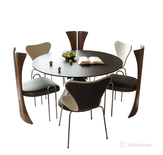 Modern Round Dining Table With Six Chairs And Fruits Open Book 3d model 