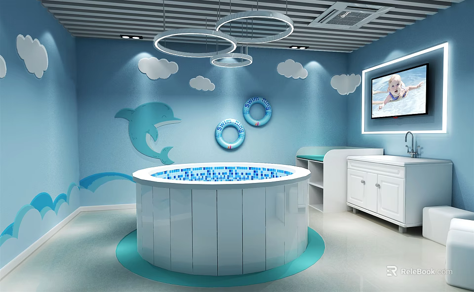 Cheerful Indoor Swimming Pool With Circular Tub Blue Walls Dolphin Decor Clouds And TV 3d model 