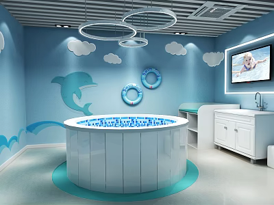 Cheerful Indoor Swimming Pool With Circular Tub Blue Walls Dolphin Decor Clouds And TV 3d model
