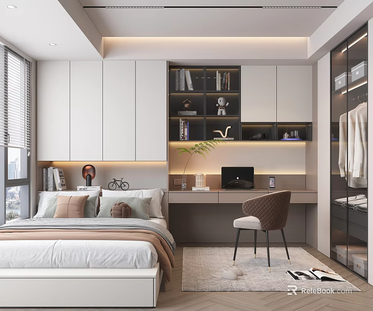 Modern Tatami Bedroom Interior Design With Storage Desk Chair And Window Decor 3d model 