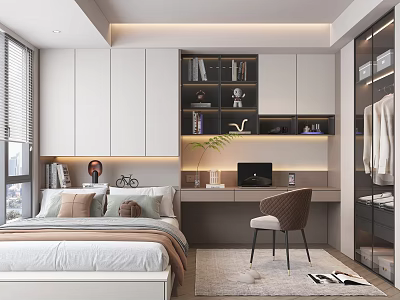 Modern Tatami Bedroom Interior Design With Storage Desk Chair And Window Decor 3d model