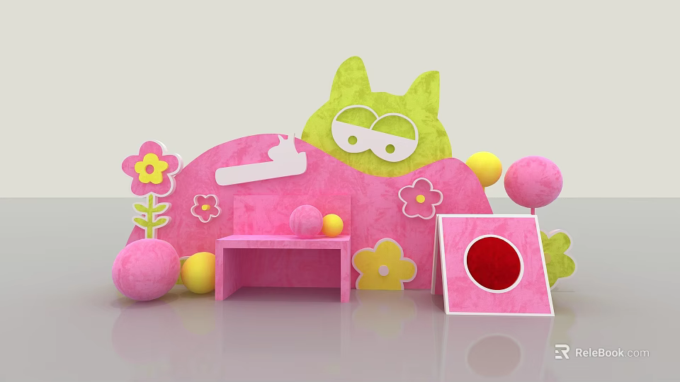 Interactive Area With Green Cat Shaped Decoration Pink Curved Background Flower Patterns And Colorful Balls 3d model 