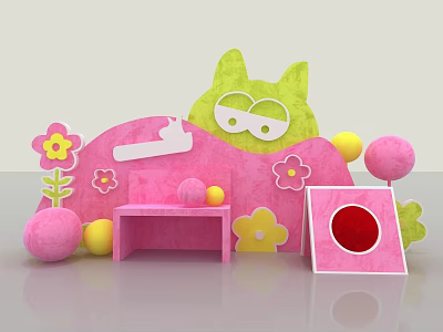 Interactive Area With Green Cat Shaped Decoration Pink Curved Background Flower Patterns And Colorful Balls 3d model