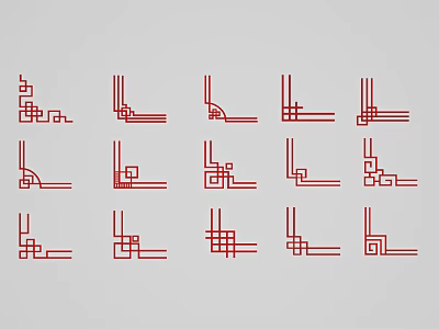 Red Decorative Carvings With Various Corner Geometric Patterns On Gray Background 3d model