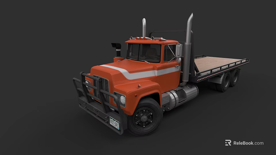 Orange Flatbed Truck With Cab Flatbed Trailer White Stripe And Exhaust Stacks 3d model 