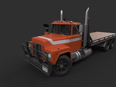 Orange Flatbed Truck With Cab Flatbed Trailer White Stripe And Exhaust Stacks 3d model