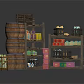 Wooden Storage Racks With Stacked Barrels And Colorful Boxes Bottles