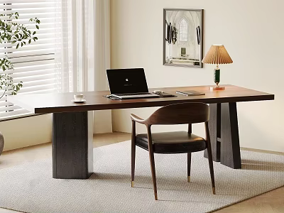 Modern Wooden Desk with Laptop Cup Table Lamp and Chair Near Window Blinds 3d model