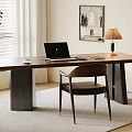 Modern Wooden Desk with Laptop Cup Table Lamp and Chair Near Window Blinds