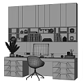Modern Desk With Open Bookshelf Computer Monitor Gray Chair And Decorations