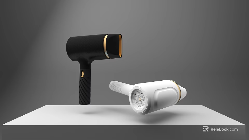 Modern Black And White Hair Dryers With Gold Accents On Display Stand 3d model 