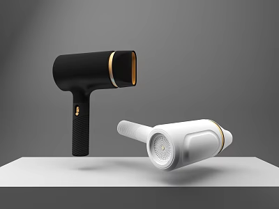 Modern Black And White Hair Dryers With Gold Accents On Display Stand 3d model
