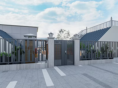 Garden Entrance With Metal Gate Fence Green Plants Paved Ground White Lines And Sky Clouds 3d model