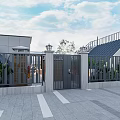 Garden Entrance With Metal Gate Fence Green Plants Paved Ground White Lines And Sky Clouds