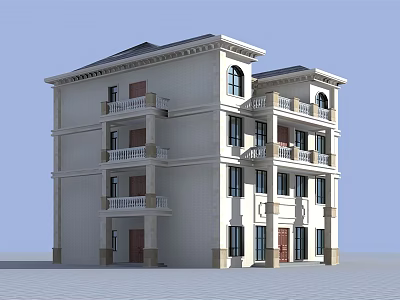 Three Story Detached Villa With Arched Windows Multiple Balconies And Light Exterior Design 3d model