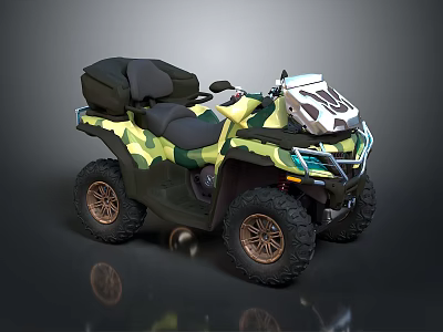 Camouflage All Terrain Vehicle with Black Seats Off Road Tires and Front Protective Gear 3d model