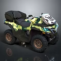 Camouflage All Terrain Vehicle with Black Seats Off Road Tires and Front Protective Gear