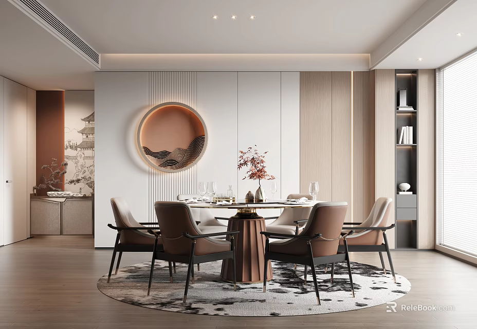 Elegant Modern Restaurant Interior With Round Dining Table Brown Chairs Circular Rug And Ambient Lighting 3d model 