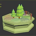 Green Pine Trees Decorative 3D Model Scene on Hexagonal Platform with Wooden Fence