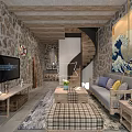 Rustic Vintage Wooden Sofa And Coffee Table Set For Cozy Stone Wall Living Room