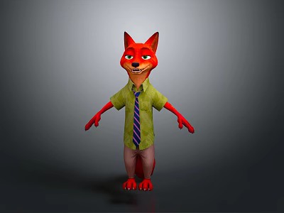 Cartoon Fox Game Movie Character Wearing Green Shirt And Purple Tie 3d model